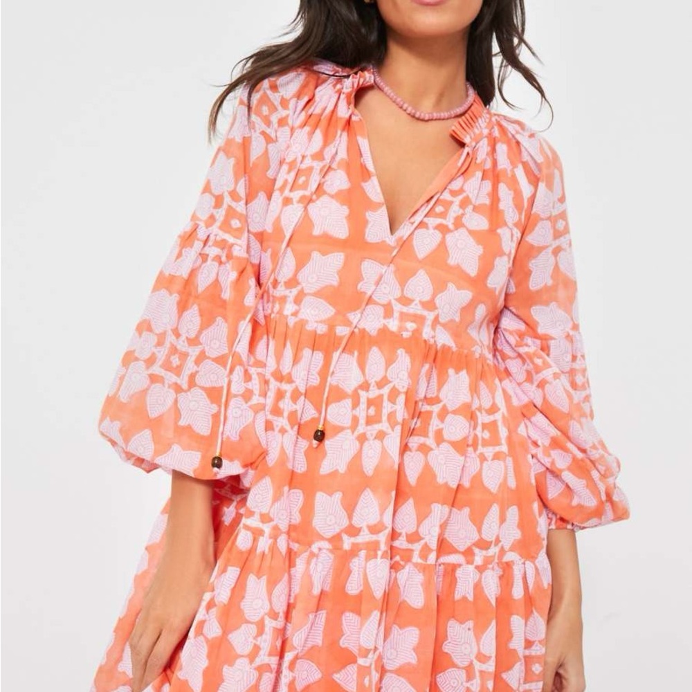 Coral Pink Printed Tiered Women's Dress
